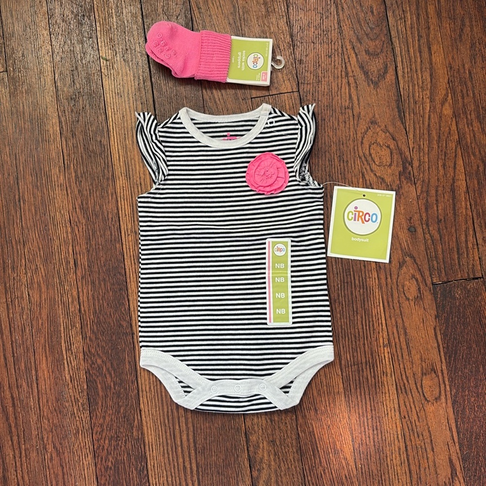 Circo Baby NB Black & White Bodysuit and Pink Socks